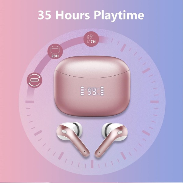 Tiksounds 무선 헤드폰, 마이크가 있는 Bluetooth 헤드폰 인이어, LED 전원 표시등으로 35시간 재생, IPX7 방수, HiFi 스테레오 인이어 헤드폰 Bluetooth for work, study, pink