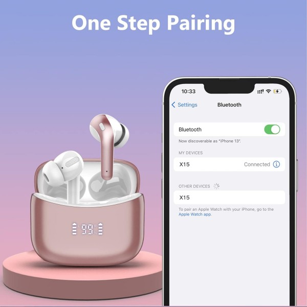 Tiksounds 무선 헤드폰, 마이크가 있는 Bluetooth 헤드폰 인이어, LED 전원 표시등으로 35시간 재생, IPX7 방수, HiFi 스테레오 인이어 헤드폰 Bluetooth for work, study, pink