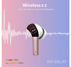 Tiksounds 무선 헤드폰, 마이크가 있는 Bluetooth 헤드폰 인이어, LED 전원 표시등으로 35시간 재생, IPX7 방수, HiFi 스테레오 인이어 헤드폰 Bluetooth for work, study, pink
