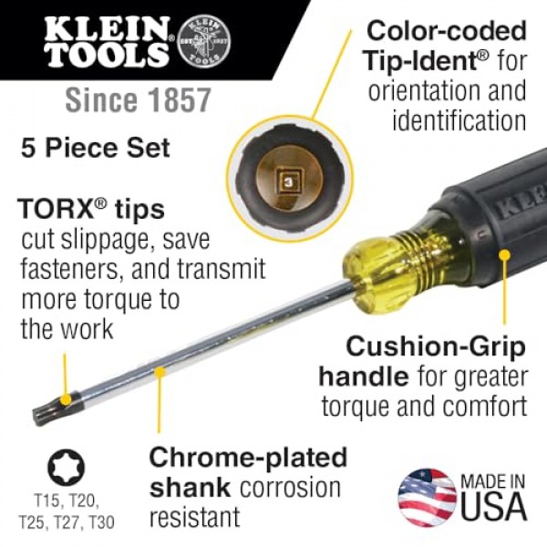Klein Tools 19555 TORX 쿠션 그립 드라이버 세트, T15, T20, T25, T27 및 T30 팁 크기, 5피스, 검정색/노란색