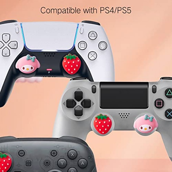 PERFECTSIGHT 플레이스테이션 4/5, PS5, PS4, Xbox 시리즈 X/S, Xbox One, 스위치 프로 컨트롤러, 4PCS 카와이 소프트 스킨 고무 3D 아날로그 썸스틱 그립 조이스틱 커버, 딸기용 귀여