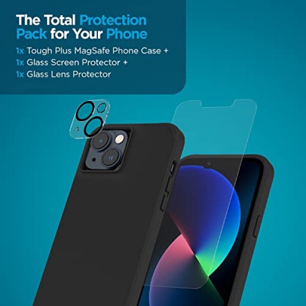 Case-Mate [3 in 1 보호 팩 - iPhone 14 케이스(터프 블랙), 강화 유리 및 렌즈 보호기 - 15피트 낙하 보호, MagSafe 및 무선 충전과 호환 가능 - 충격 방지, 슬림, 긁힘 방지