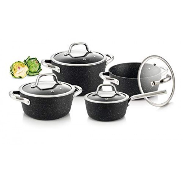 Tescoma PRESIDENT Stone Pot 세트, 8개, 프리미엄 붙지 않는 스톤 코팅, 인덕션 베이스, 모든 밥솥 및 오븐에 적합, 유리 뚜껑 포함, 내구성이 뛰어나고 식기 세척기 사용 가능