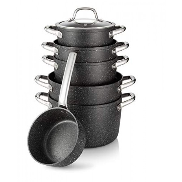 Tescoma PRESIDENT Stone Pot 세트, 8개, 프리미엄 붙지 않는 스톤 코팅, 인덕션 베이스, 모든 밥솥 및 오븐에 적합, 유리 뚜껑 포함, 내구성이 뛰어나고 식기 세척기 사용 가능