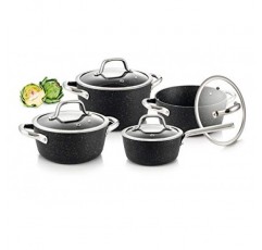 Tescoma PRESIDENT Stone Pot 세트, 8개, 프리미엄 붙지 않는 스톤 코팅, 인덕션 베이스, 모든 밥솥 및 오븐에 적합, 유리 뚜껑 포함, 내구성이 뛰어나고 식기 세척기 사용 가능