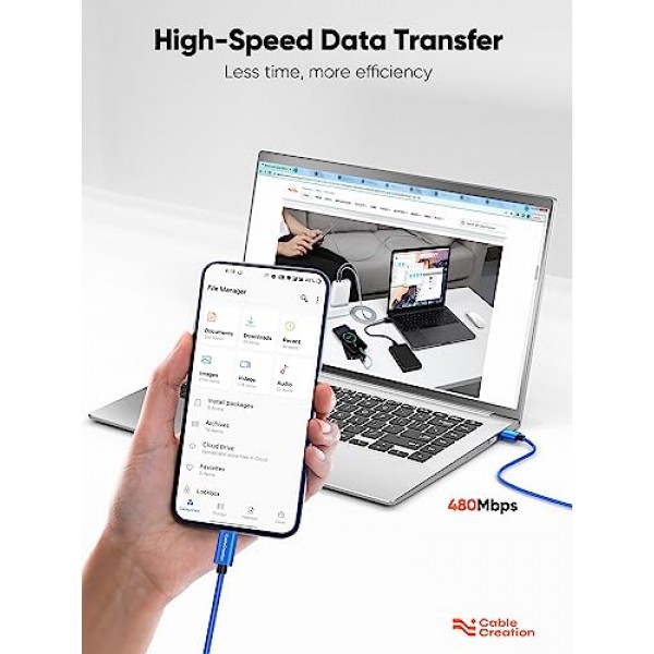 CableCreation 파란색 USB-USB C 케이블 1FT, USB A-USB C 케이블 3A 고속 충전 땋은 USB C 남성-USB 남성 케이블(전원 은행, Galaxy S23, iPad Pro iPad Mini S22 S21 Z 플립 등), 파란색