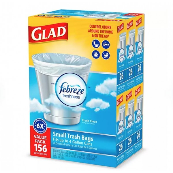 Glad OdorShield 소형 쓰레기 봉투 - Febreze Fresh Clean - 4갤런 - 26개 - 6팩(소형 트위스트 타이 쓰레기 봉투, Fresh Clean 향기(4갤런, 156Ct.))