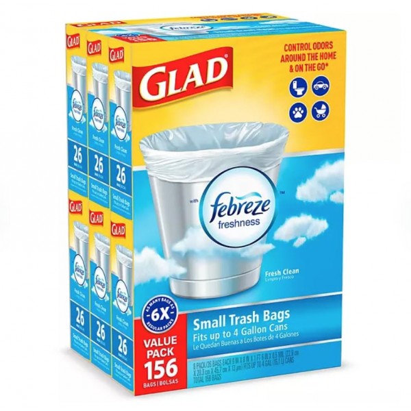 Glad OdorShield 소형 쓰레기 봉투 - Febreze Fresh Clean - 4갤런 - 26개 - 6팩(소형 트위스트 타이 쓰레기 봉투, Fresh Clean 향기(4갤런, 156Ct.))