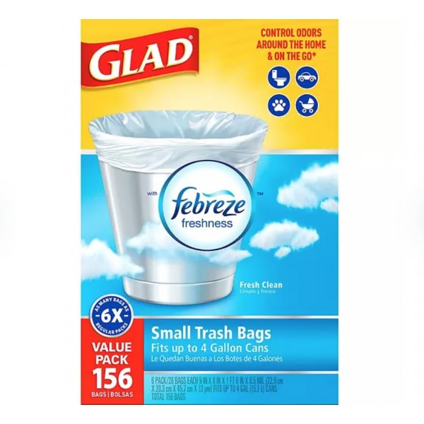 Glad OdorShield 소형 쓰레기 봉투 - Febreze Fresh Clean - 4갤런 - 26개 - 6팩(소형 트위스트 타이 쓰레기 봉투, Fresh Clean 향기(4갤런, 156Ct.))