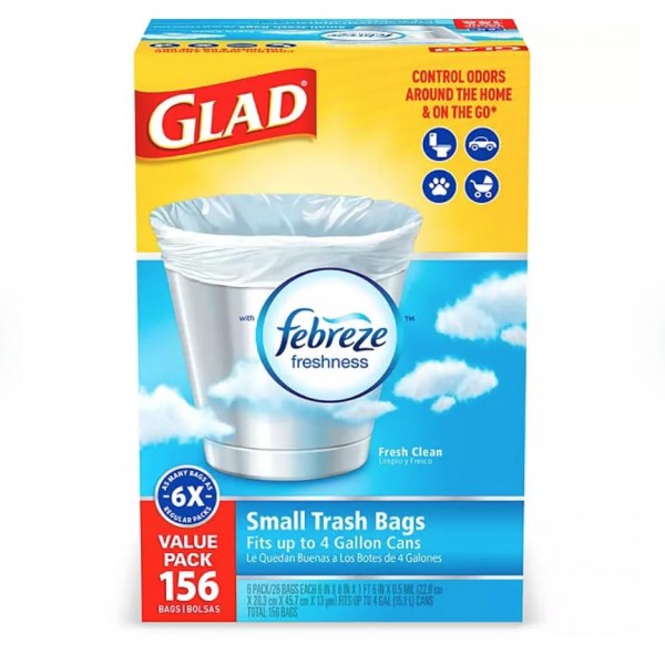 Glad OdorShield 소형 쓰레기 봉투 - Febreze Fresh Clean - 4갤런 - 26개 - 6팩(소형 트위스트 타이 쓰레기 봉투, Fresh Clean 향기(4갤런, 156Ct.))