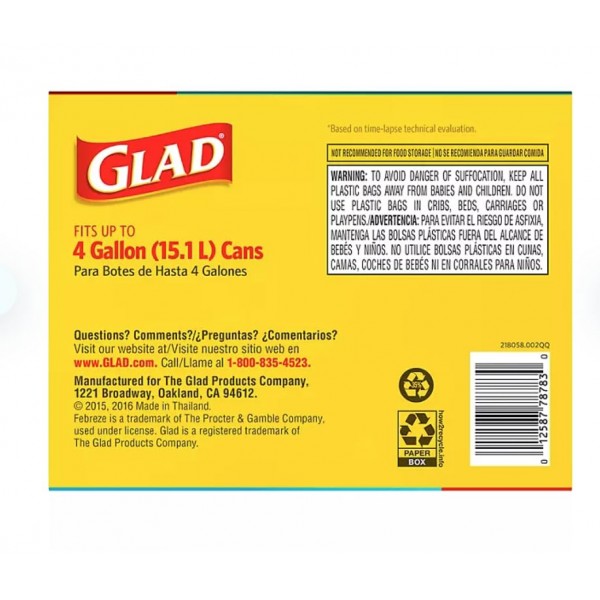 Glad OdorShield 소형 쓰레기 봉투 - Febreze Fresh Clean - 4갤런 - 26개 - 6팩(소형 트위스트 타이 쓰레기 봉투, Fresh Clean 향기(4갤런, 156Ct.))