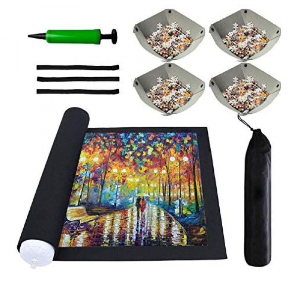 퍼즐 매트 롤업 - 세이버 스토리지 2000 1500 1000 500 300 조각 퍼즐, 퍼즐 접착제 보드 테이블 교체, 퍼즐 프레임 4개의 정렬 트레이가 있는 펠트 대형 매트 성인용 주최자 