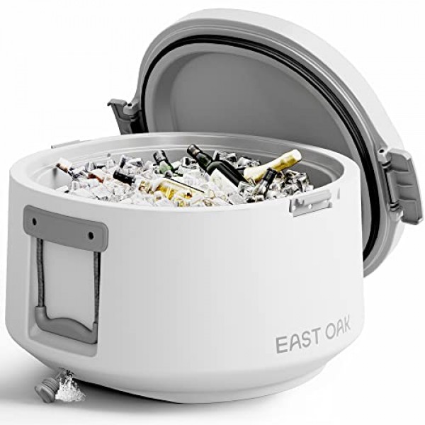 East Oak 하드 쿨러 25QT 배수 플러그가 포함된 원형 얼음 상자 캠핑 뒷마당 파티용 절연 휴대용 야외 쿨러 고용량 28캔, 북극 흰색