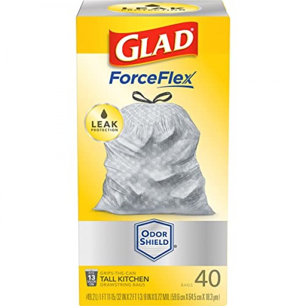 Glad ForceFlex 키가 큰 주방용 조임끈 쓰레기 봉투, 13갤런, OdorShield, 40Ct