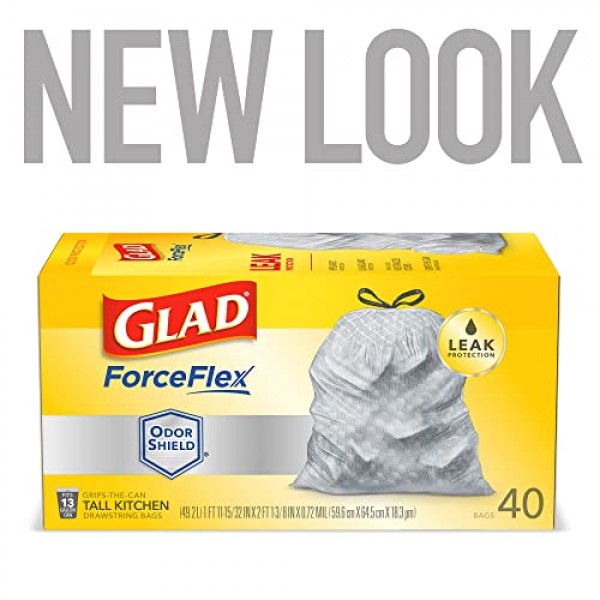 Glad ForceFlex 키가 큰 주방용 조임끈 쓰레기 봉투, 13갤런, OdorShield, 40Ct