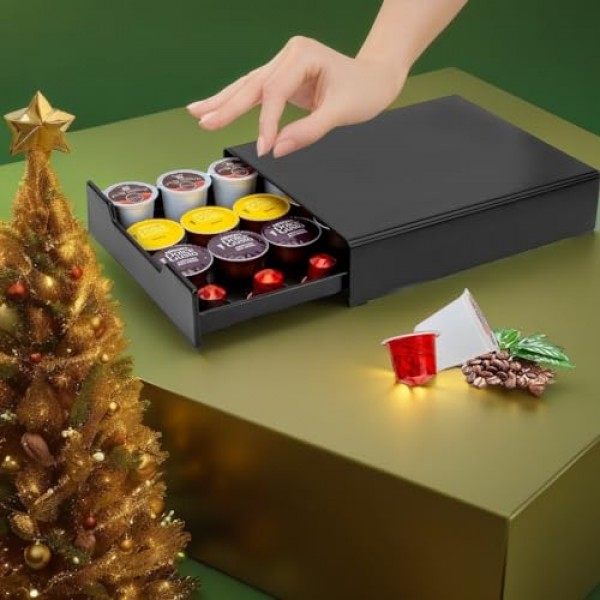 Meelio K-Cup 커피 포드 홀더, 네스프레소 캡슐 및 Dolce Gusto용 커피 포드 보관 서랍, 주최자 20 포드 용량, 블랙