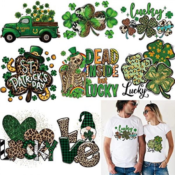 전송 스티커 티셔츠에 8Pcs 성 패트릭의 날 아이언, 전사 용지에 HTV 아이언, 데칼 열전달, 비닐 패치에 아이언, 의류 배낭 DIY 장식을위한 행운의 네 잎 클로버 디자인