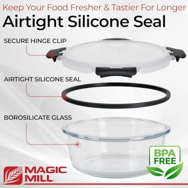 Magic Mill 유리 저장 용기 뚜껑 세트 | 점심, 음식 보관, 식사 준비, 냉장고, 냉동고, 식기세척기에 안전하게 보관할 수 있는 BPA 무함유 밀폐 잠금 뚜껑이 포함된 Ultimate 24
