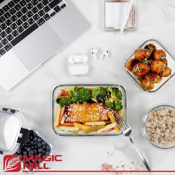 Magic Mill 유리 저장 용기 뚜껑 세트 | 점심, 음식 보관, 식사 준비, 냉장고, 냉동고, 식기세척기에 안전하게 보관할 수 있는 BPA 무함유 밀폐 잠금 뚜껑이 포함된 Ultimate 24