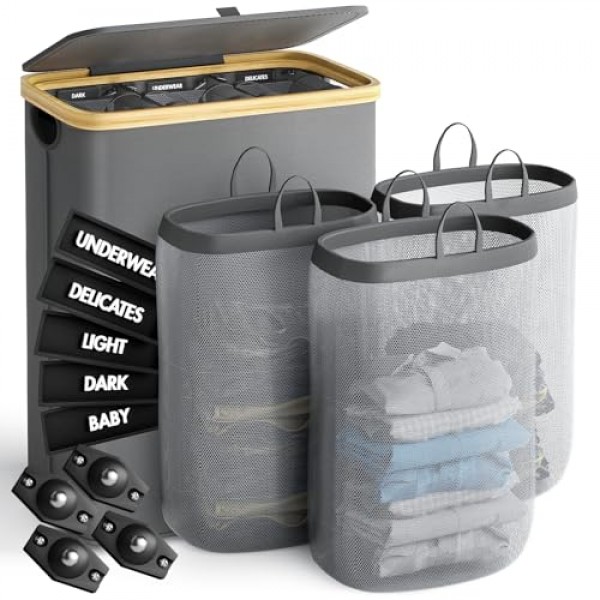 KIEUIENK 뚜껑이 있는 세탁 바구니, 160L 초대형 3섹션 세탁 바구니(옷 바구니용 바퀴 포함), 침실 세탁실용 접이식 바구니 정리함, 더러운 옷 바구니, 진한 회색