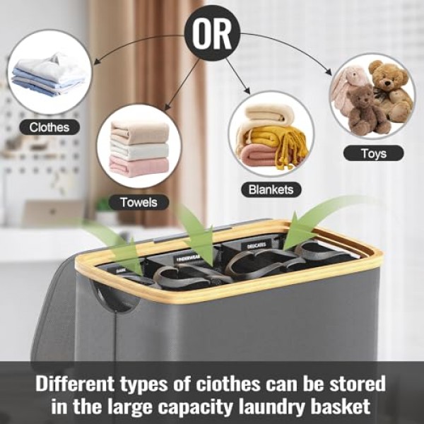 KIEUIENK 뚜껑이 있는 세탁 바구니, 160L 초대형 3섹션 세탁 바구니(옷 바구니용 바퀴 포함), 침실 세탁실용 접이식 바구니 정리함, 더러운 옷 바구니, 진한 회색