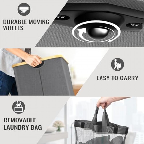 KIEUIENK 뚜껑이 있는 세탁 바구니, 160L 초대형 3섹션 세탁 바구니(옷 바구니용 바퀴 포함), 침실 세탁실용 접이식 바구니 정리함, 더러운 옷 바구니, 진한 회색
