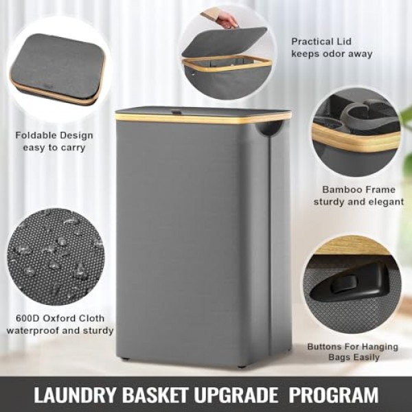 KIEUIENK 뚜껑이 있는 세탁 바구니, 160L 초대형 3섹션 세탁 바구니(옷 바구니용 바퀴 포함), 침실 세탁실용 접이식 바구니 정리함, 더러운 옷 바구니, 진한 회색