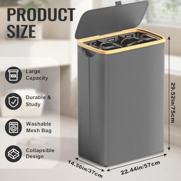 KIEUIENK 뚜껑이 있는 세탁 바구니, 160L 초대형 3섹션 세탁 바구니(옷 바구니용 바퀴 포함), 침실 세탁실용 접이식 바구니 정리함, 더러운 옷 바구니, 진한 회색