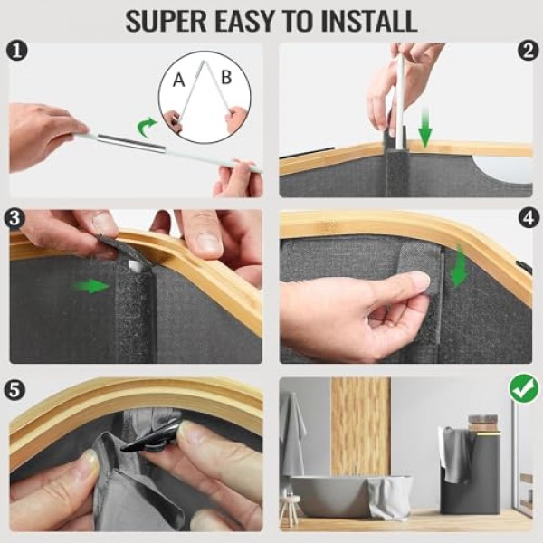 KIEUIENK 뚜껑이 있는 세탁 바구니, 160L 초대형 3섹션 세탁 바구니(옷 바구니용 바퀴 포함), 침실 세탁실용 접이식 바구니 정리함, 더러운 옷 바구니, 진한 회색