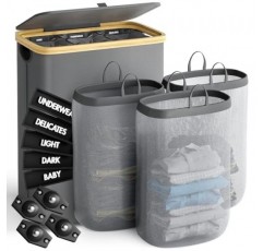 KIEUIENK 뚜껑이 있는 세탁 바구니, 160L 초대형 3섹션 세탁 바구니(옷 바구니용 바퀴 포함), 침실 세탁실용 접이식 바구니 정리함, 더러운 옷 바구니, 진한 회색