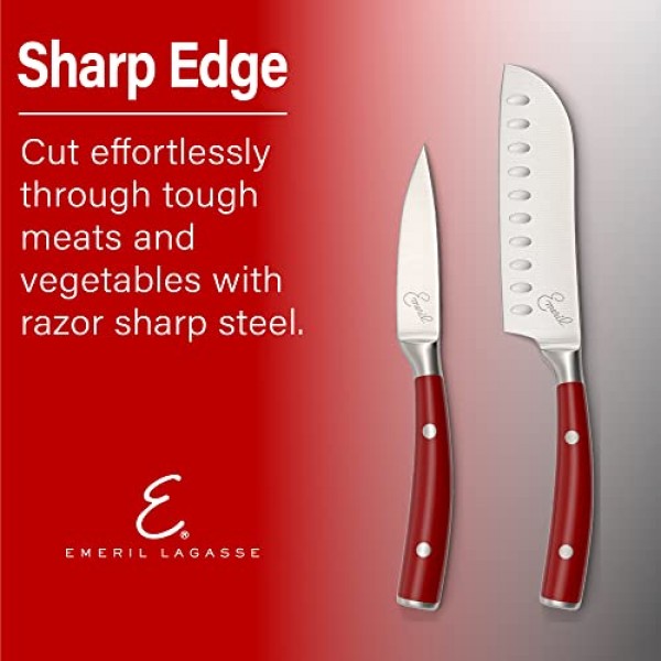 Emeril Lagasse Razor Sharp 2피스 셰프 나이프 세트 - 5인치 산토쿠 나이프, 3.5인치 스테인레스 스틸 패링 나이프, 단조 강철 피복 Emerilware - 빨간색 손잡이