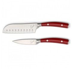 Emeril Lagasse Razor Sharp 2피스 셰프 나이프 세트 - 5인치 산토쿠 나이프, 3.5인치 스테인레스 스틸 패링 나이프, 단조 강철 피복 Emerilware - 빨간색 손잡이