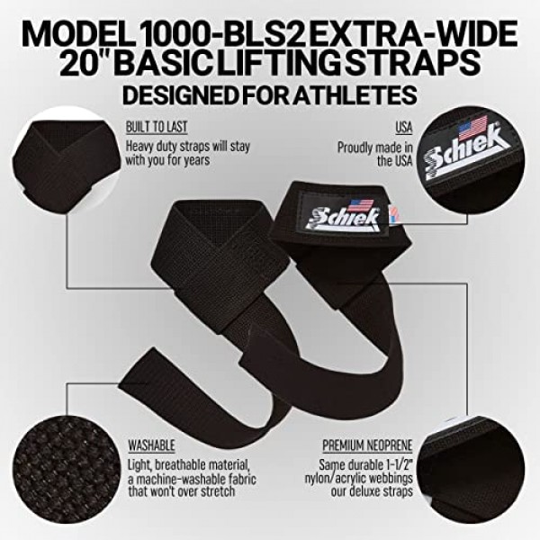 Schiek Sports 모델 1000-BLS2 엑스트라 와이드 20 기본 리프팅 스트랩 - 블랙