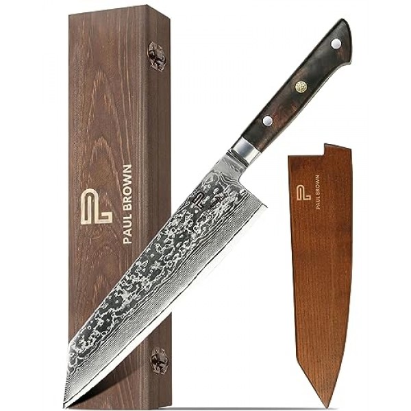 Paul Brown's™ 8인치 키리츠케 칼 67겹 다마스커스 VG10 강철, 단조 해머 패턴, 프리미엄 나무 손잡이 및 애쉬우드 사야