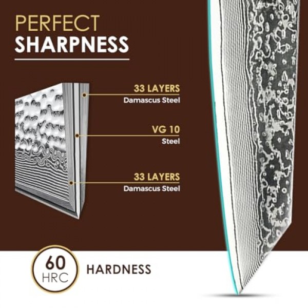 Paul Brown's™ 8인치 키리츠케 칼 67겹 다마스커스 VG10 강철, 단조 해머 패턴, 프리미엄 나무 손잡이 및 애쉬우드 사야