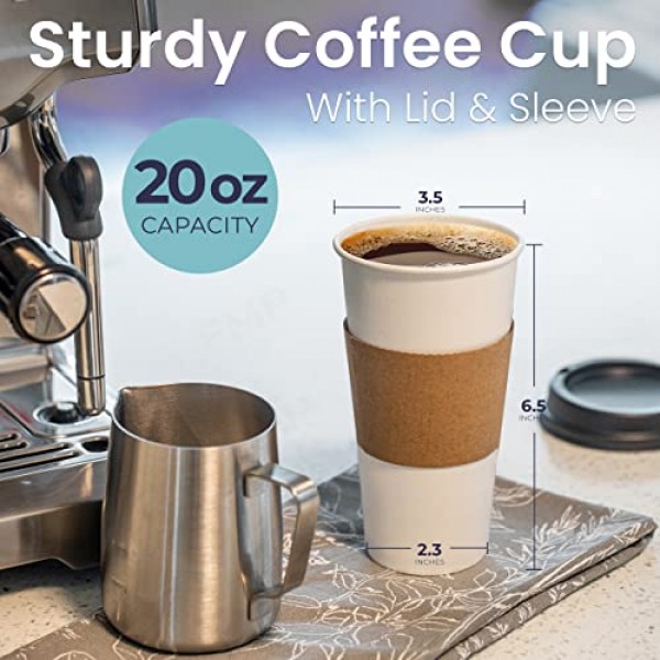 Fit Meal Prep 50 팩 뚜껑이 있는 20온스 일회용 커피 컵, 크래프트 슬리브 및 교반기, 뚜껑이 있는 프리미엄 대형 테이크아웃 커피 컵, 차가운/뜨거운 음료를 위한 내구성