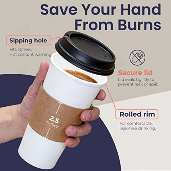 Fit Meal Prep 50 팩 뚜껑이 있는 20온스 일회용 커피 컵, 크래프트 슬리브 및 교반기, 뚜껑이 있는 프리미엄 대형 테이크아웃 커피 컵, 차가운/뜨거운 음료를 위한 내구성