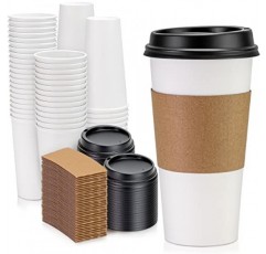 Fit Meal Prep 50 팩 뚜껑이 있는 20온스 일회용 커피 컵, 크래프트 슬리브 및 교반기, 뚜껑이 있는 프리미엄 대형 테이크아웃 커피 컵, 차가운/뜨거운 음료를 위한 내구성