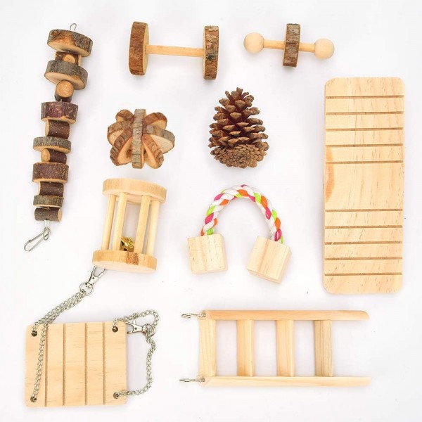 햄스터 gerbil 쥐를위한 씹기 장난감 친칠라 씹기 장난감 액세서리 토끼 새 토끼를위한 천연 나무 덤벨 운동 벨 롤러 어금니 장난감