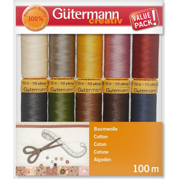 다양한 색상의 면 100m 스풀 10개가 있는 Gütermann creativ 재봉사 세트, 멀티컬러, 100x118x22 mm