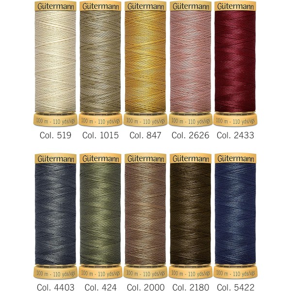 다양한 색상의 면 100m 스풀 10개가 있는 Gütermann creativ 재봉사 세트, 멀티컬러, 100x118x22 mm