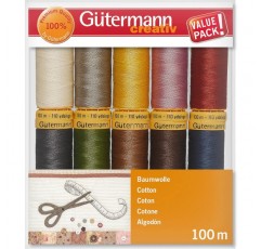 다양한 색상의 면 100m 스풀 10개가 있는 Gütermann creativ 재봉사 세트, 멀티컬러, 100x118x22 mm