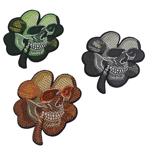 3PCS 아일랜드 네 잎 클로버 전술 패치 내 작은 현실적인 금이 간 해골 해골 수 놓은 DIY 패치 Applique 후크 및 루프 백팩 자켓 청바지 의류-2.56 x 3.15 인치