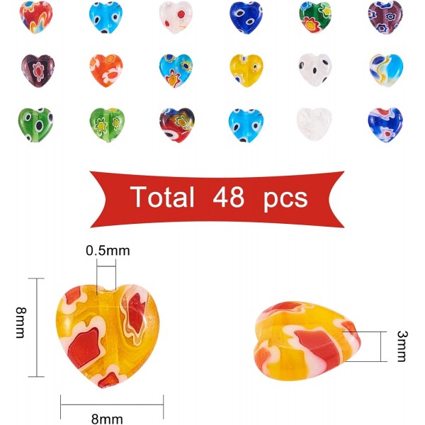 UR URIFEHALL 96Pcs Lampwork Millefiori 유리 구슬 플랫 하트 스페이서 비즈 DIY 쥬얼리 팔찌 목걸이 기념 기념일 생일 선물 하트 Millefiori 비즈, 8x8x3mm, 96pcs