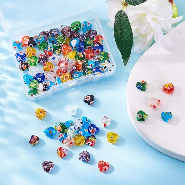 UR URIFEHALL 96Pcs Lampwork Millefiori 유리 구슬 플랫 하트 스페이서 비즈 DIY 쥬얼리 팔찌 목걸이 기념 기념일 생일 선물 하트 Millefiori 비즈, 8x8x3mm, 96pcs