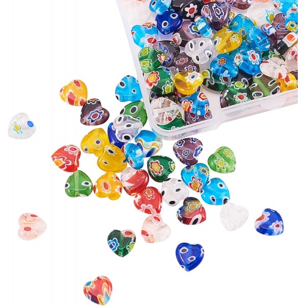 UR URIFEHALL 96Pcs Lampwork Millefiori 유리 구슬 플랫 하트 스페이서 비즈 DIY 쥬얼리 팔찌 목걸이 기념 기념일 생일 선물 하트 Millefiori 비즈, 8x8x3mm, 96pcs