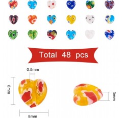 UR URIFEHALL 96Pcs Lampwork Millefiori 유리 구슬 플랫 하트 스페이서 비즈 DIY 쥬얼리 팔찌 목걸이 기념 기념일 생일 선물 하트 Millefiori 비즈, 8x8x3mm, 96pcs