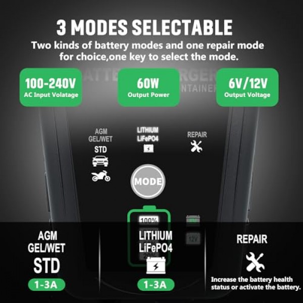 3Amp 자동차 배터리 충전기, 6V 및 12V 스마트 완전 자동 배터리 충전기 유지 관리 장치, 세류 충전기, 자동차, 오토바이, 보트용 배터리 탈황 장치...납산 리튬 LiFePO4 배터