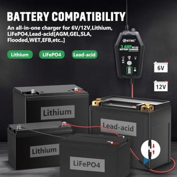 3Amp 자동차 배터리 충전기, 6V 및 12V 스마트 완전 자동 배터리 충전기 유지 관리 장치, 세류 충전기, 자동차, 오토바이, 보트용 배터리 탈황 장치...납산 리튬 LiFePO4 배터