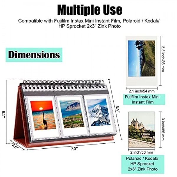 Fujifilm Instax Mini 11 12 9 40 Evo Liplay 8 7+ 즉석 카메라, 96포켓 데스크 캘린더용 Instax 미니 사진 앨범 Polaroid Kodak Zink 2x3 필름 및 Kpop 사진 카드용 폴라로이드 사진 앨범(갈색)